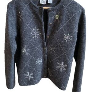Vintage Field Gear Holiday Cardigan Sweater Boiled 100%Wool Snowflakes SZ-S grey